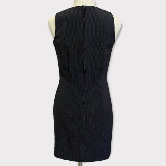 Vintage Midi Black Sheath Fitted Academia Striped Stretch Zip Sleeveless Dress - Picture 5 of 10